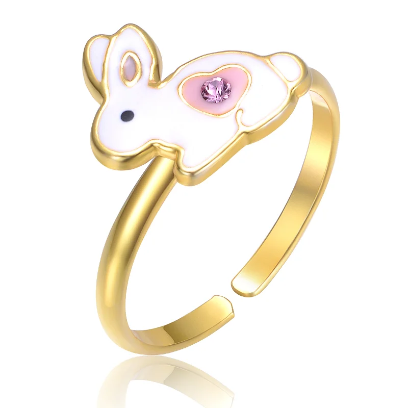 minimalist rings for women -Children's 14k Gold Plated White & Pink Bunny Rabbit Adjustable Ring