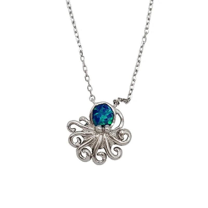 pendant necklaces for women -Blue Opal Octopus Pendant (Silver)