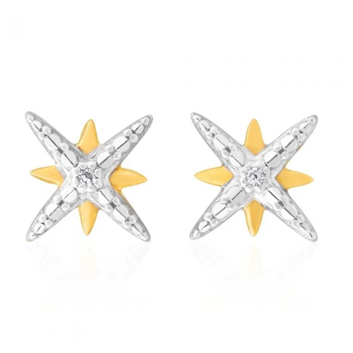 celestial earrings for women -9ct Yellow Gold Diamond Starburst Stud Earrings with 2 Brilliant Diamonds