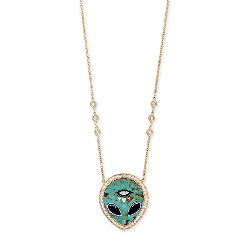 personalized necklaces for women -PAVE TURQUOISE + ONYX ALIEN HEART EYE INLAY NECKLACE