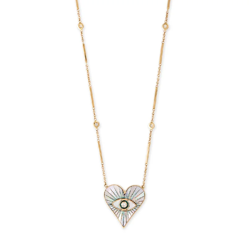 two-tone necklaces for women -SMALL PEARL OPAL TURQUOISE INLAY EYE BURST HEART NECKLACE