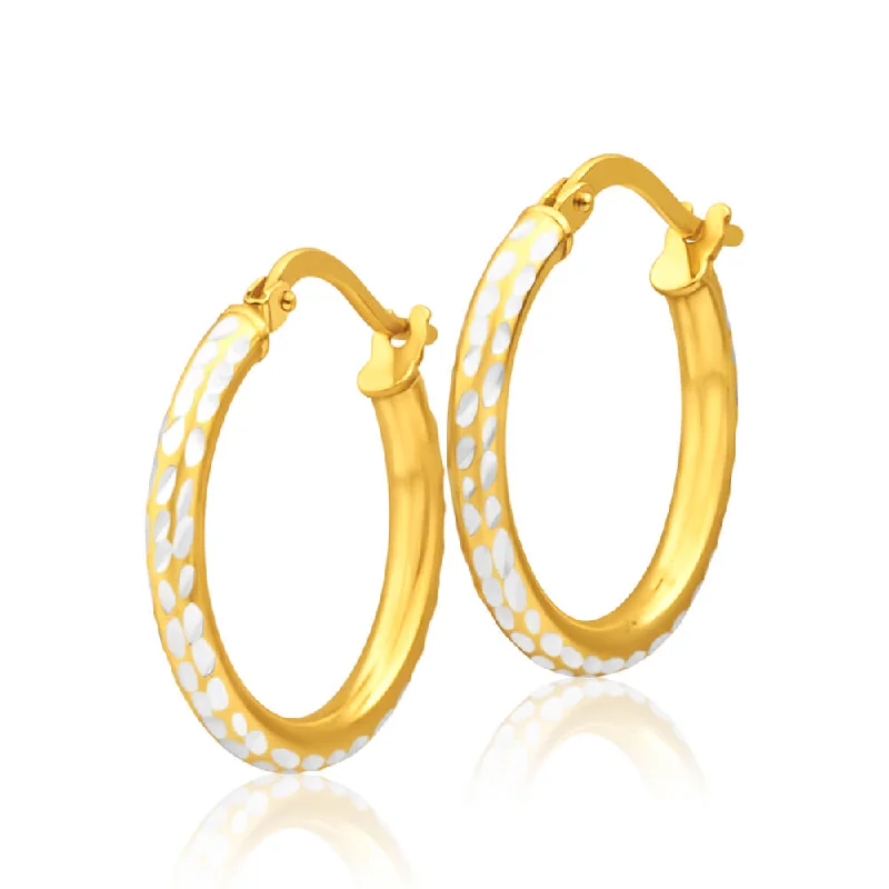 gold hoop earrings for women -9ct Yellow Gold Silver Filled 15mm Hoop Earrings with diamond cut feature