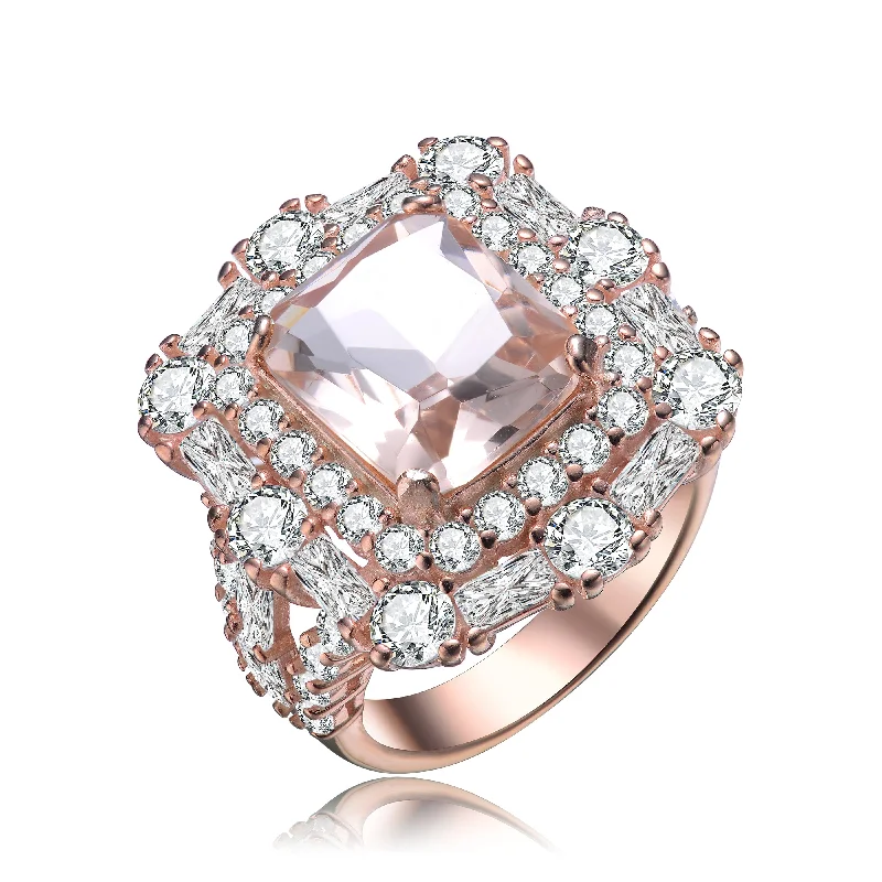 cluster rings for women -Peach and White Cubic Zirconia Rose Gold Plated Sterling Silver Square Shaped Ring