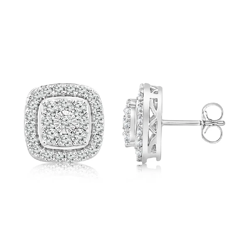 bold statement earrings for women -0.95 Carat Diamond Cushion Cluster Stud Earrings