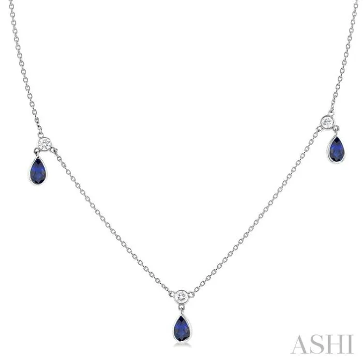 platinum diamond necklaces for women -1/4 ctw Round Cut Diamonds and 5X3MM Pear Shape Sapphire Precious Station Necklace in 14K White Gold