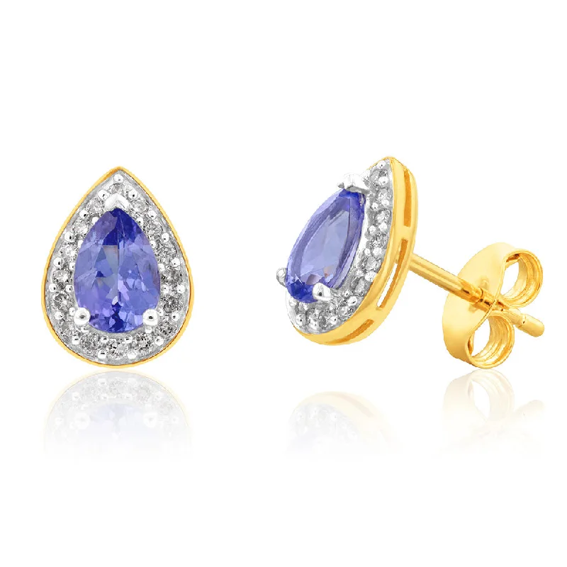 trendy earrings for women -9ct Yellow Gold 0.90ct Tanzanite and 0.15 Carat Diamond Pear Halo Stud Earrings