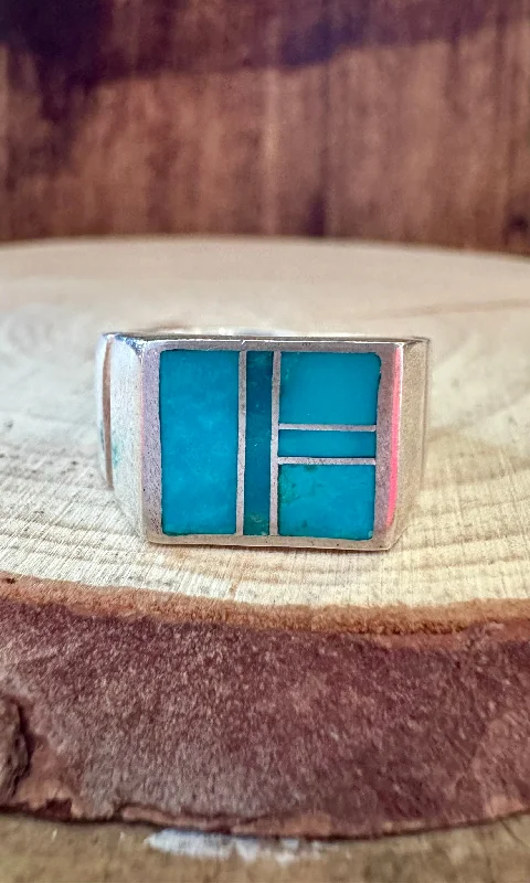 stackable rings for women -OCEAN BLUE Turquoise & Sterling Silver Geometric Inlay Mens Ring • Size 10