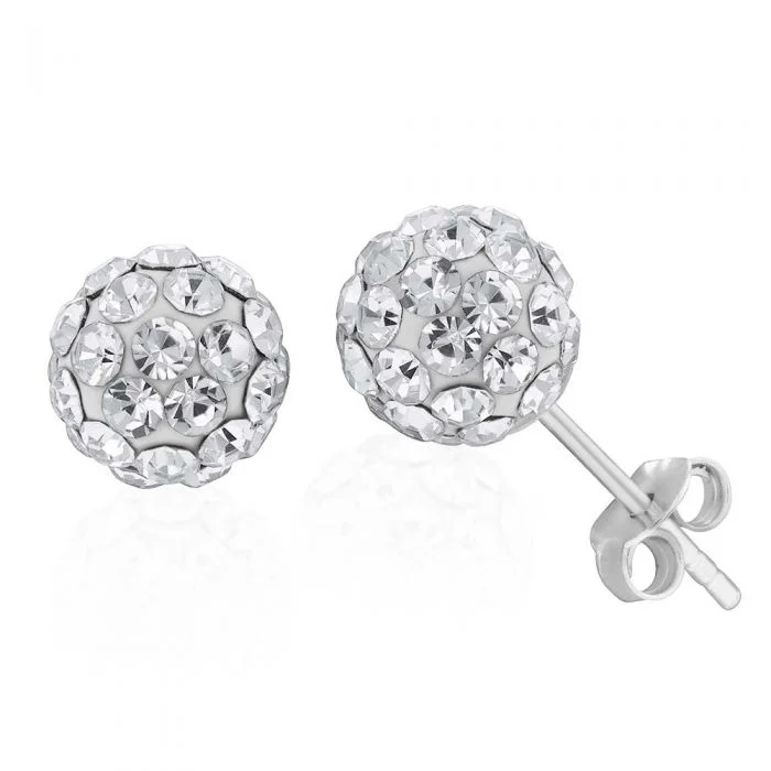 dangle earrings for women -Sterling Silver Crystal White Ball Stud Earrings