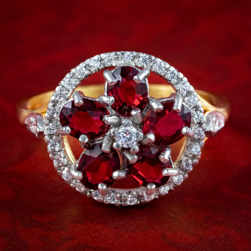 moon and star rings for women -Victorian Style Garnet CZ Flower Cluster Ring