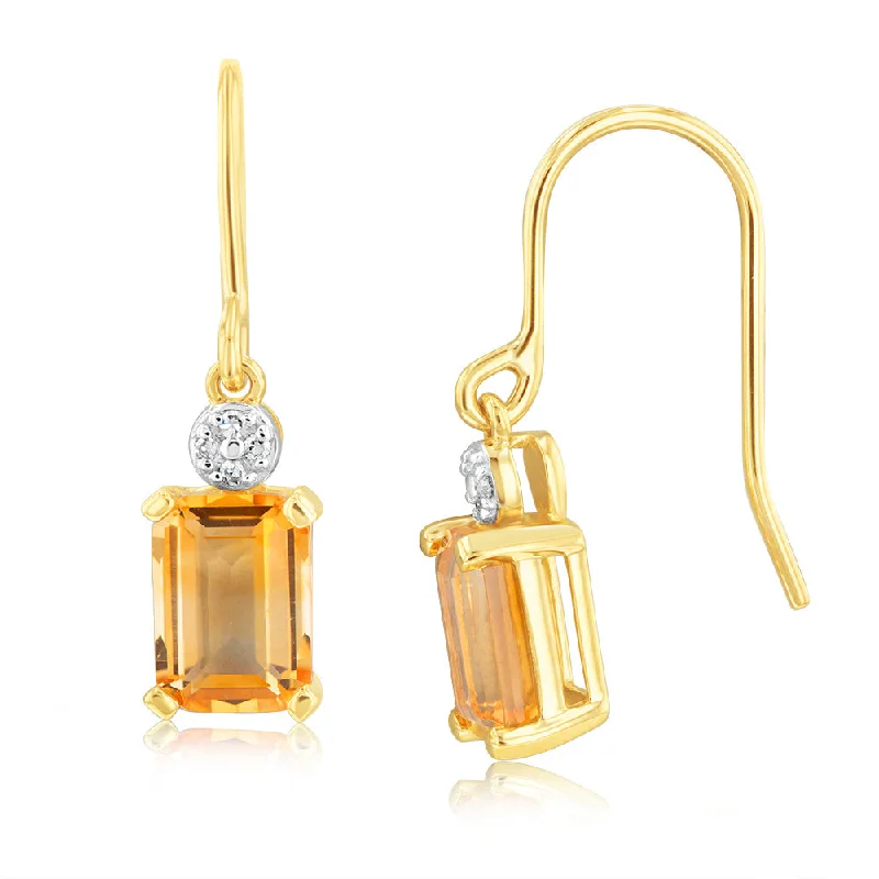 rose quartz earrings for women -9ct Yellow Gold Citrine And Diamond Drop Earrings