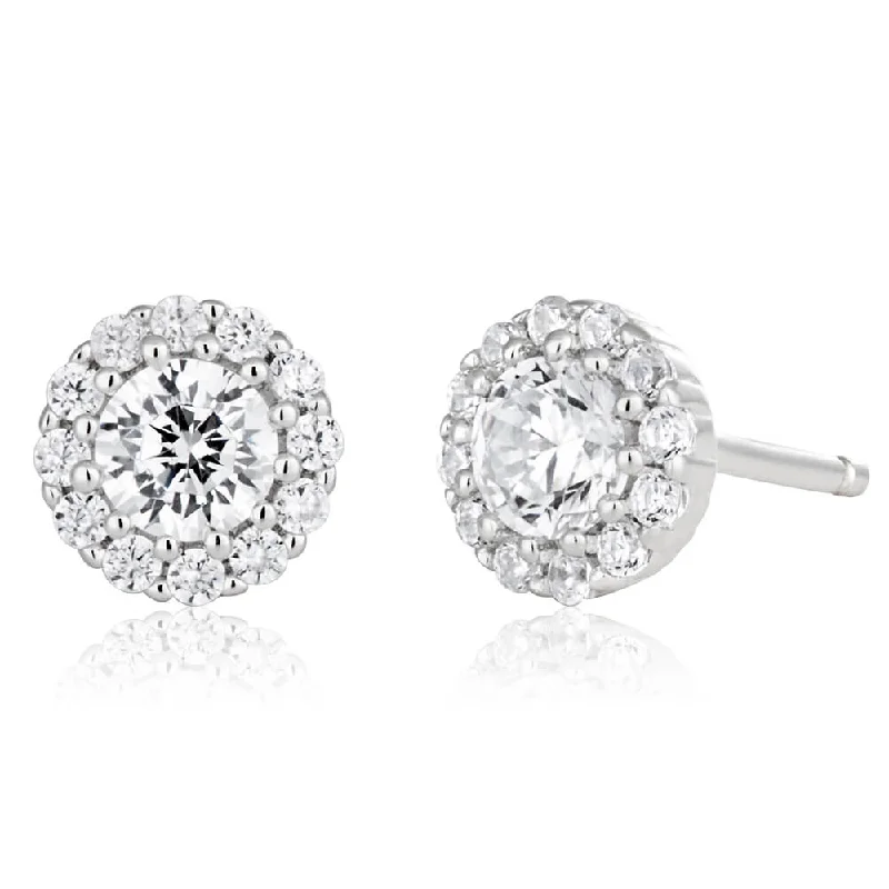 luxury earrings for women -Sterling Silver 6mm Cubic Zirconia Halo Stud Earrings