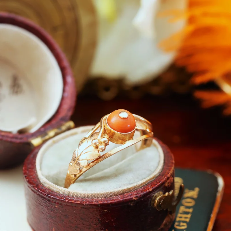 textured gold rings for women -Vintage Art Nouveau Styled Italian Coral Ring