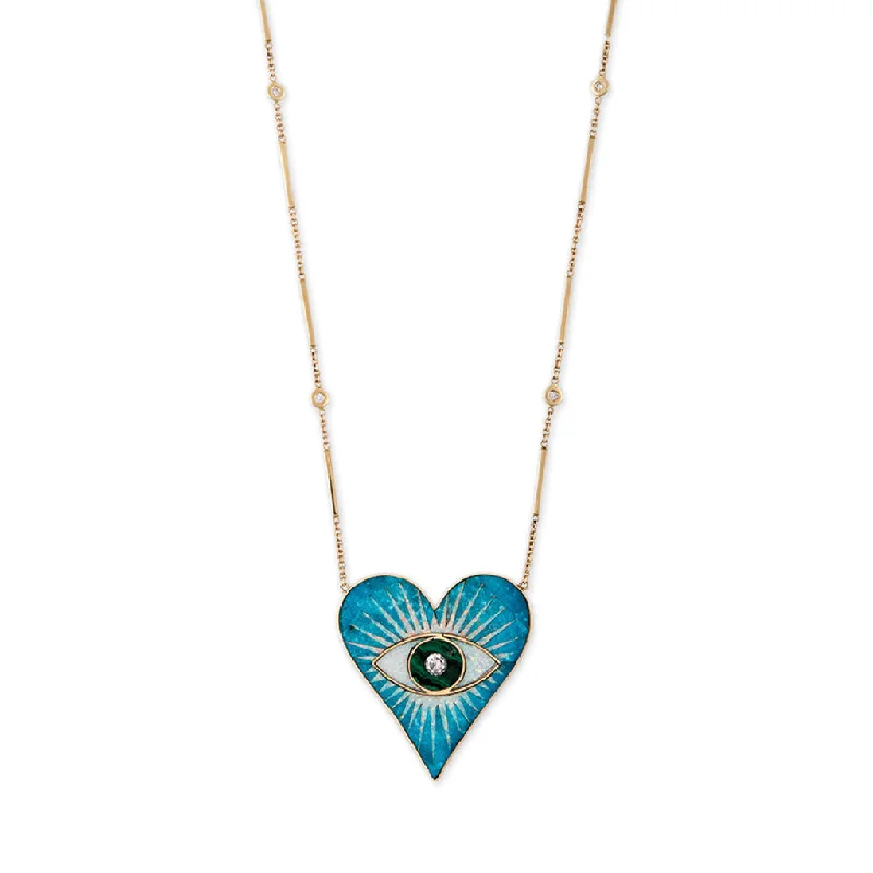 shell necklaces for women -LARGE TURQUOISE OPAL MALACHITE INLAY EYE BURST HEART NECKLACE