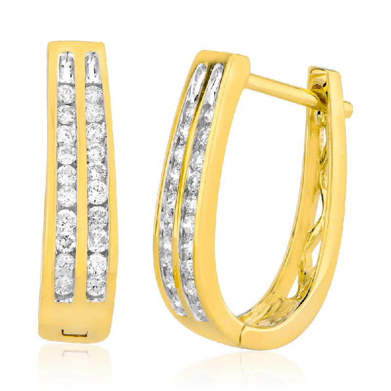 minimalist earrings for women -9ct Yellow Gold 1/4 Carat Diamond Double Row Hoop Earrings