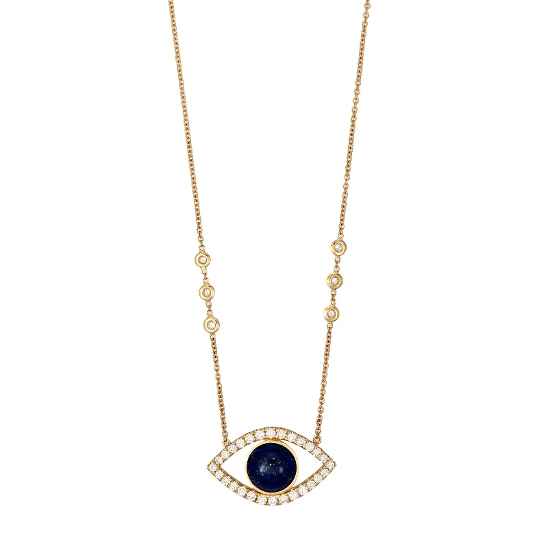 beaded necklaces for women -LARGE PAVE LAPIS CENTER OPEN EYE DIAMOND NECKLACE