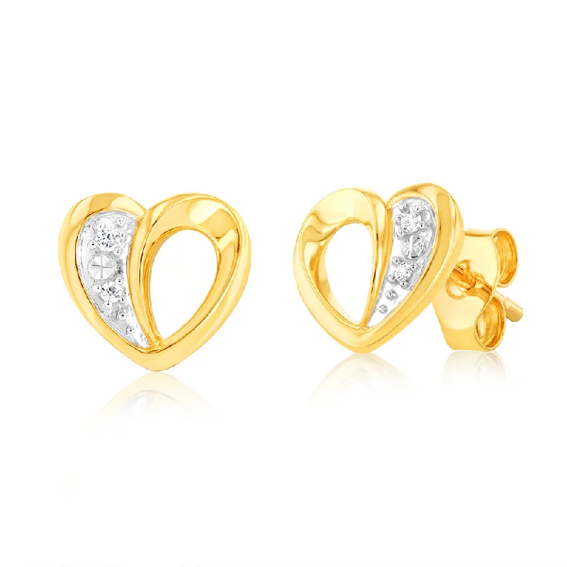 vintage-inspired earrings for women -Luminesce Lab Grown 9ct Yellow Gold Heart Shaped Stud Earrings With 4 Diamonds