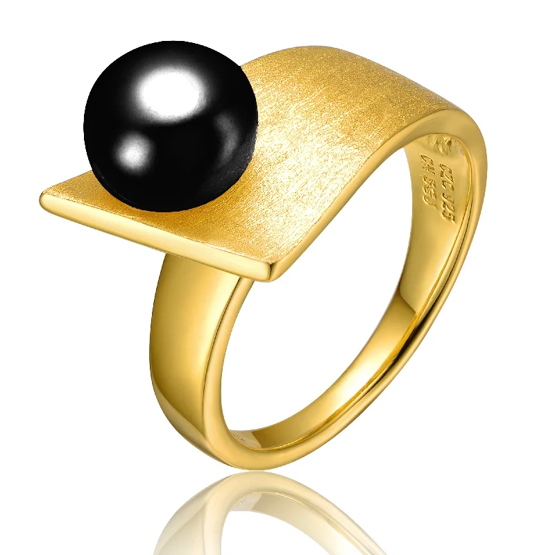 engagement rings for women -Sterling Silver 14K Gold Plated with 8MM Black Onyx Gemstone Linear Ring