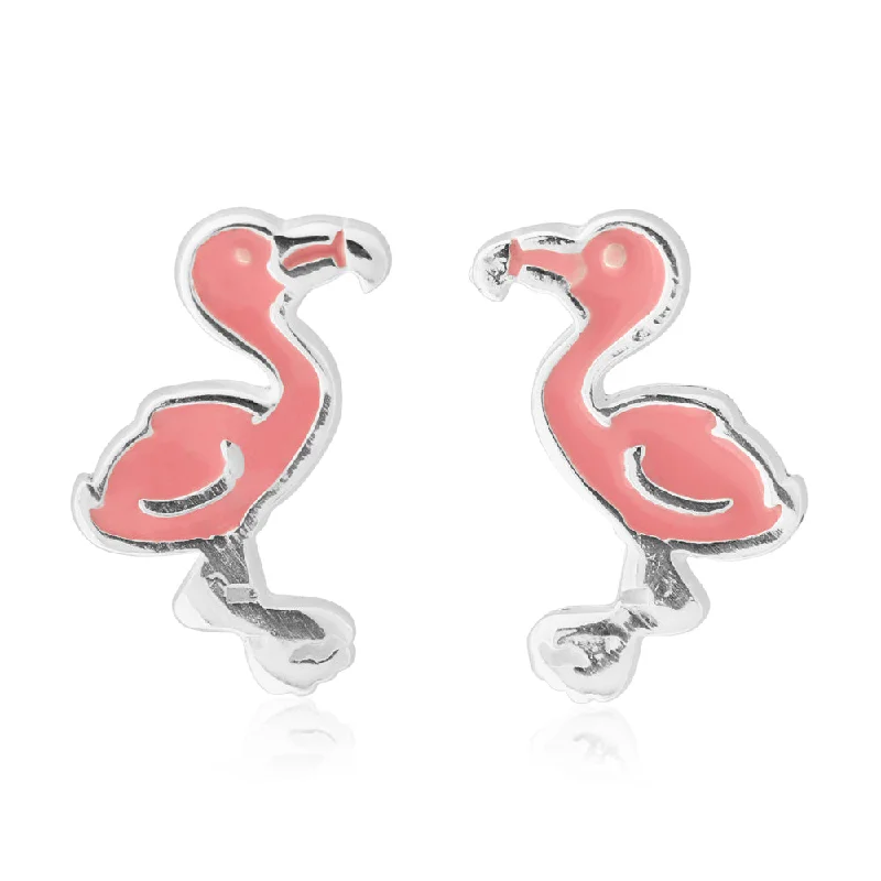 clip-on earrings for women -Sterling Silver Pink Flamingo Stud Earrings