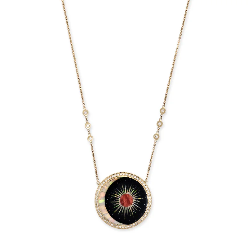 angel wing necklaces for women -PAVE ROUND ONYX + OPAL CRESCENT MARS BURST INLAY NECKLACE