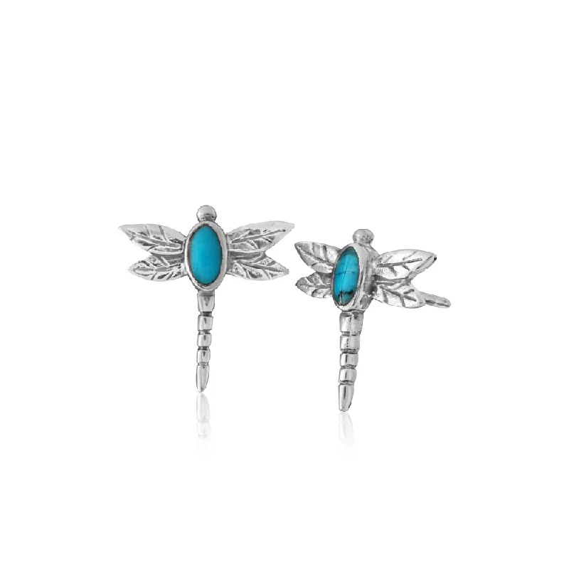 gold chain earrings for women -Sterling Silver Created Turquoise Dragonfly Stud Earrings