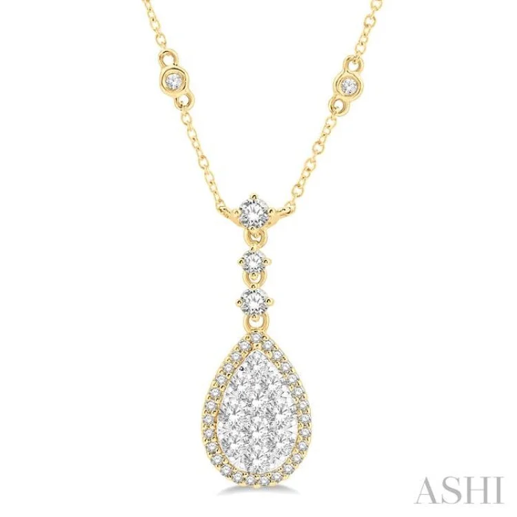 birthstone necklaces for women -1 Ctw Pear Shape Round Cut Diamond Lovebright Necklace in 14K Yellow and White Gold