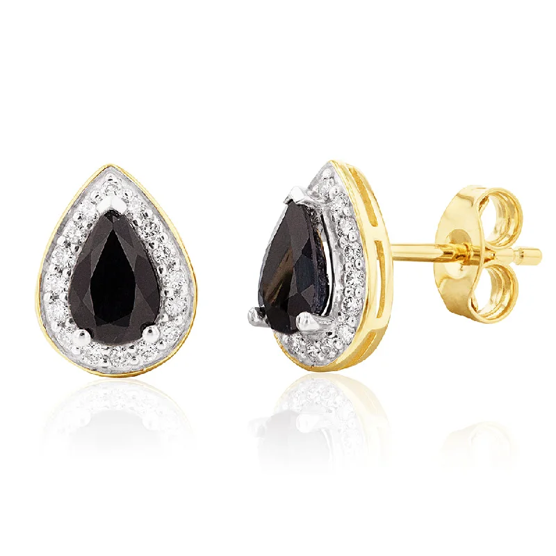 handmade earrings for women -9ct Yellow Gold 0.60ct Natural Sapphire and 0.15 Carat Diamond Pear Halo Stud Earrings