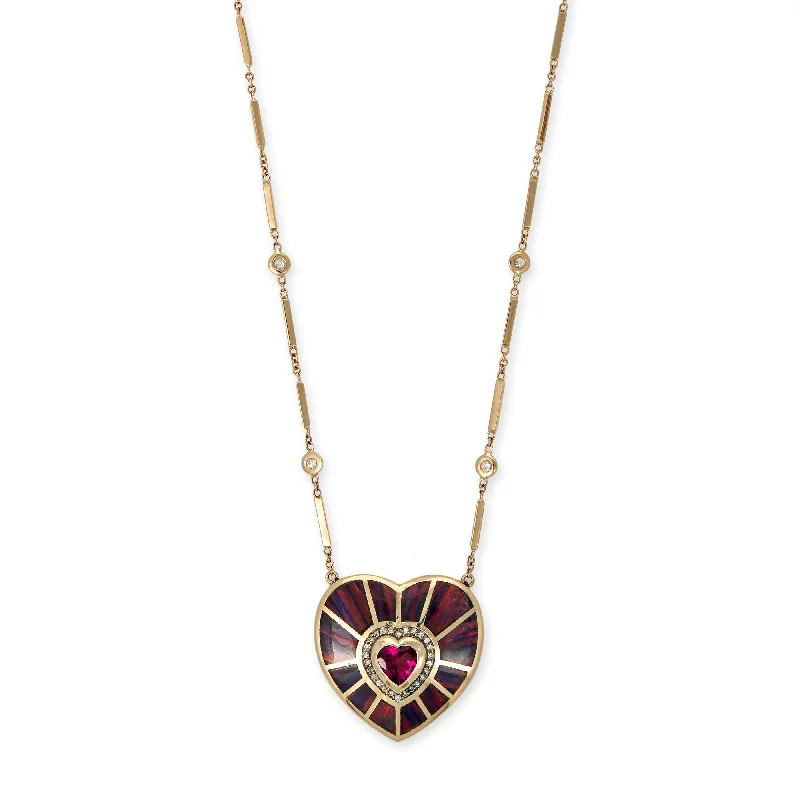 fine jewelry necklaces for women -PAVE TOURMALINE HEART CENTER + RED PURPLE OPAL INLAY HEART VORTEX SMOOTH BAR NECKLACE