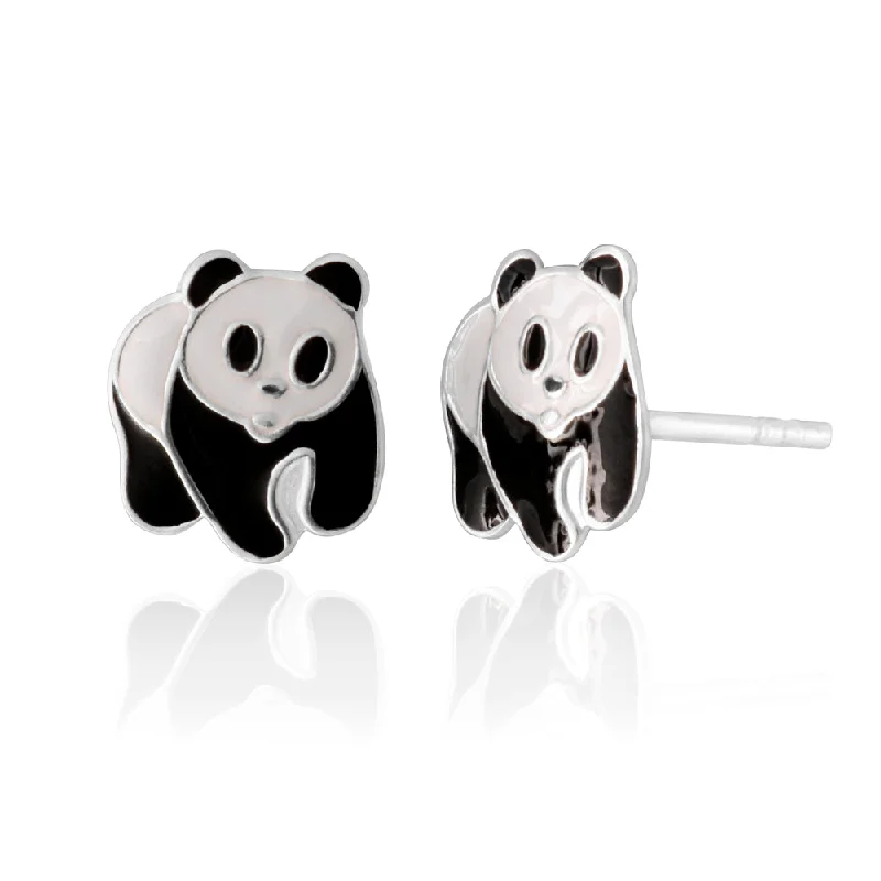 gold-plated earrings for women -Sterling Silver Black and White Panda Stud Earrings