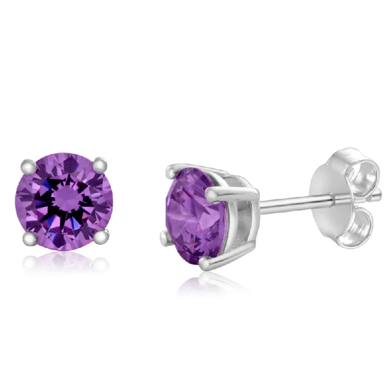 minimalist earrings for women -Sterling Silver Zirconia Round 6.55mm Purple Stud Earrings