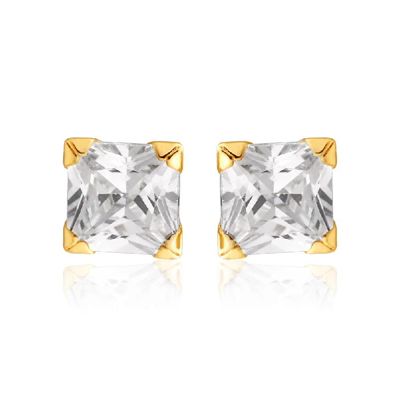 cross earrings for women -9ct Yellow Gold Cubic Zirconia 4mm Princess Stud Earrings