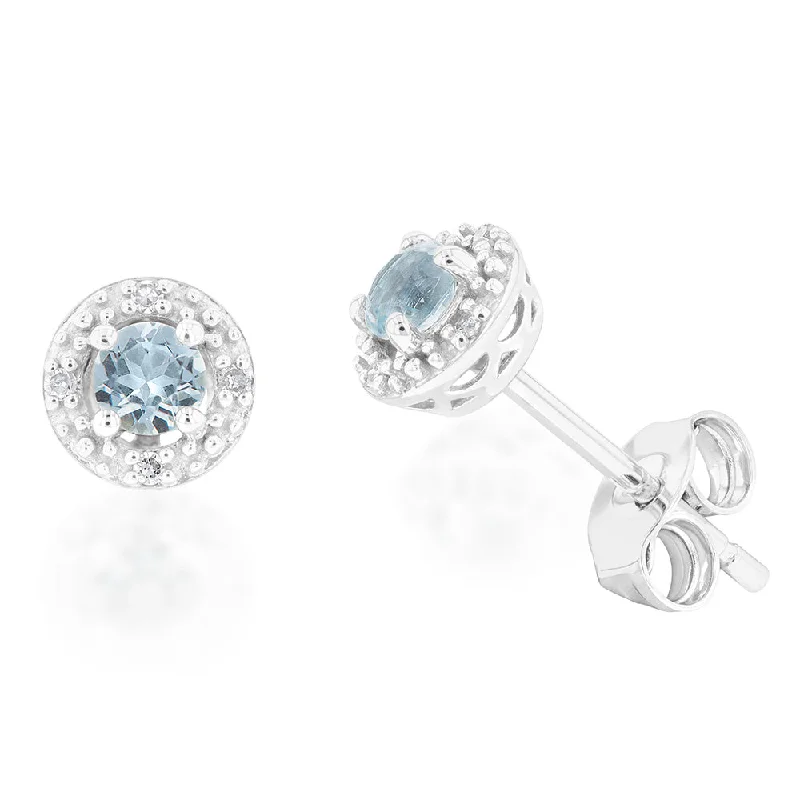 ethnic earrings for women -9ct White Gold Aquamarine and Diamond Halo Stud Earrings