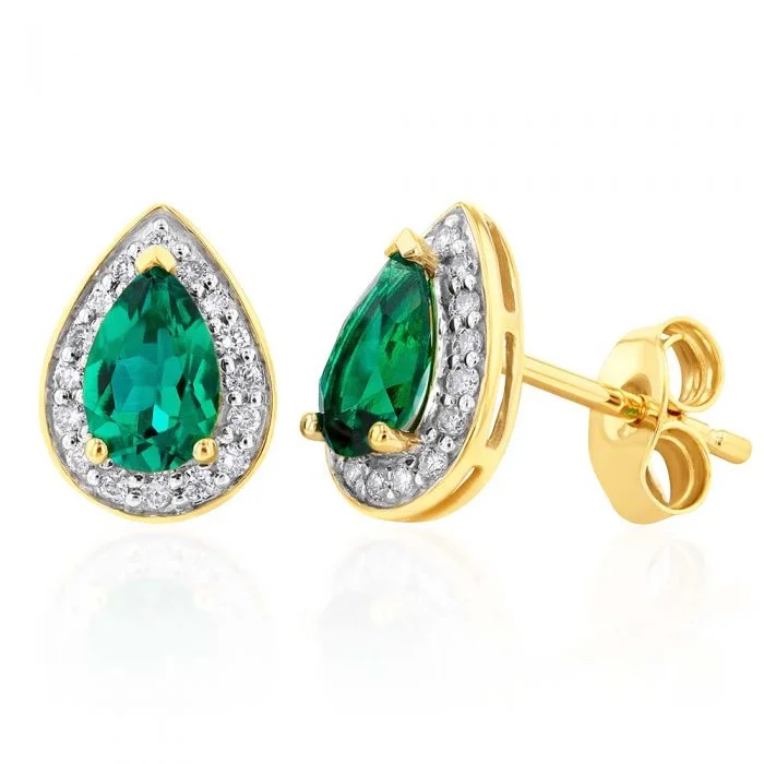 oval earrings for women -9ct Yellow Gold 6x4mm Created Emerald and Diamond Pear Halo Stud Earrings