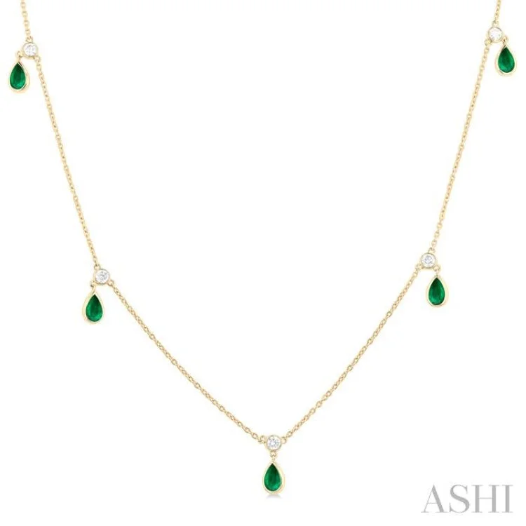 gold necklaces for women -1/8 ctw Round Cut Diamonds and 5X3MM Pear Shape Emerald Precious Station Necklace in 10K Yellow Gold