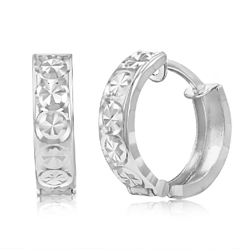 floral earrings for women -9ct White Gold 10mm Huggie Hoop Earrings with diamond cutting features