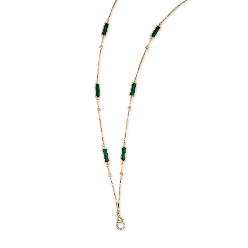 disc pendant necklaces for women -PAVE CHARM CLIP 6 MALACHITE INLAY DIAMOND SMOOTH BAR NECKLACE