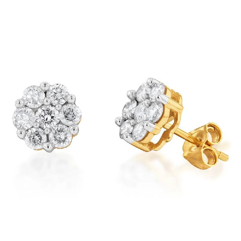 designer earrings for women -9ct Yellow Gold 1 Carat Diamond Stud Earrings