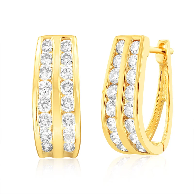 boho earrings for women -9ct Yellow Gold 1 Carat Diamond TW 2 Row Hoop Earrings