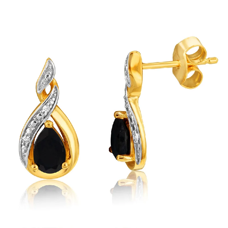 rose gold earrings for women -9ct Yellow Gold Diamond And Sapphire Drop Earrings