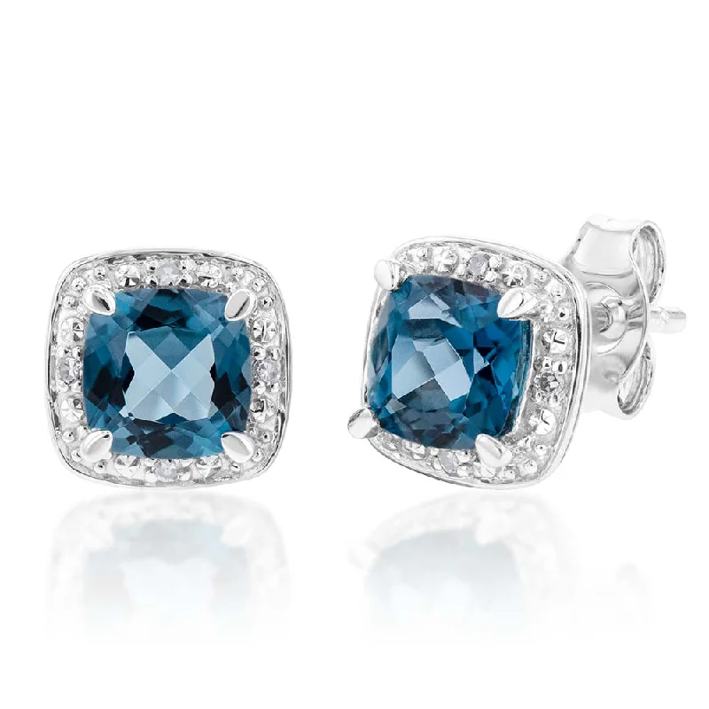 handmade earrings for women -9ct White Gold 1.40ct London Blue Topaz and Diamond Stud Earrings