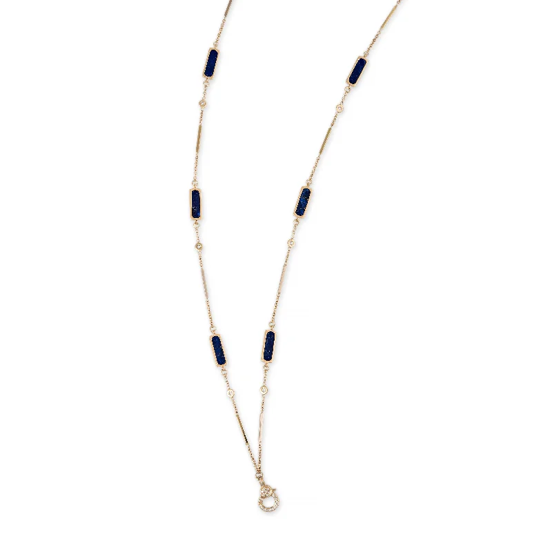 rainbow crystal necklaces for women -PAVE CHARM CLIP 6 LAPIS INLAY DIAMOND SMOOTH BAR NECKLACE