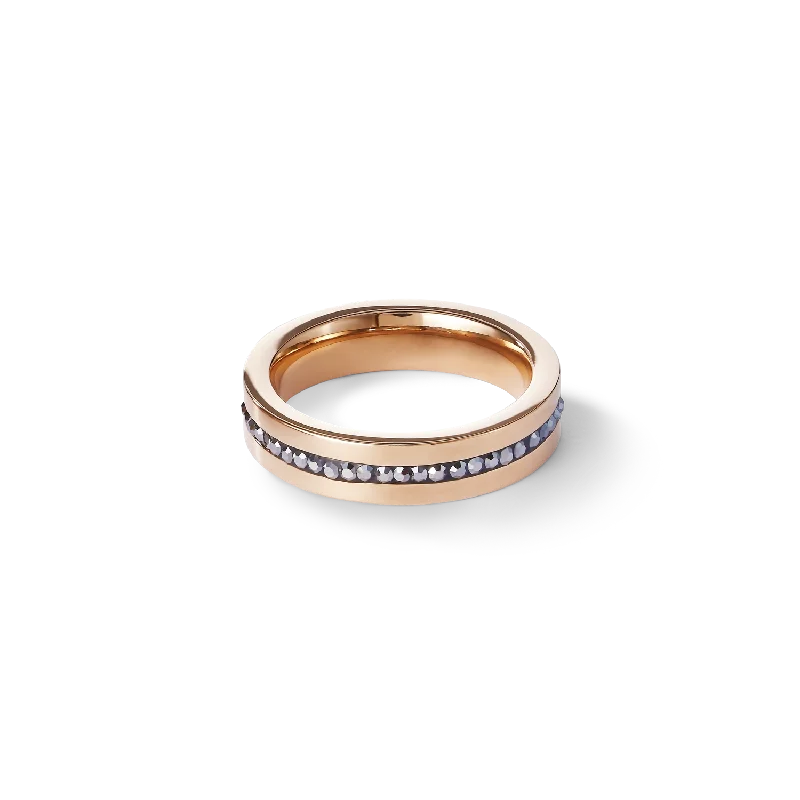 designer rings for women -Ring stainless steel rose gold & crystals pavé strip anthracite