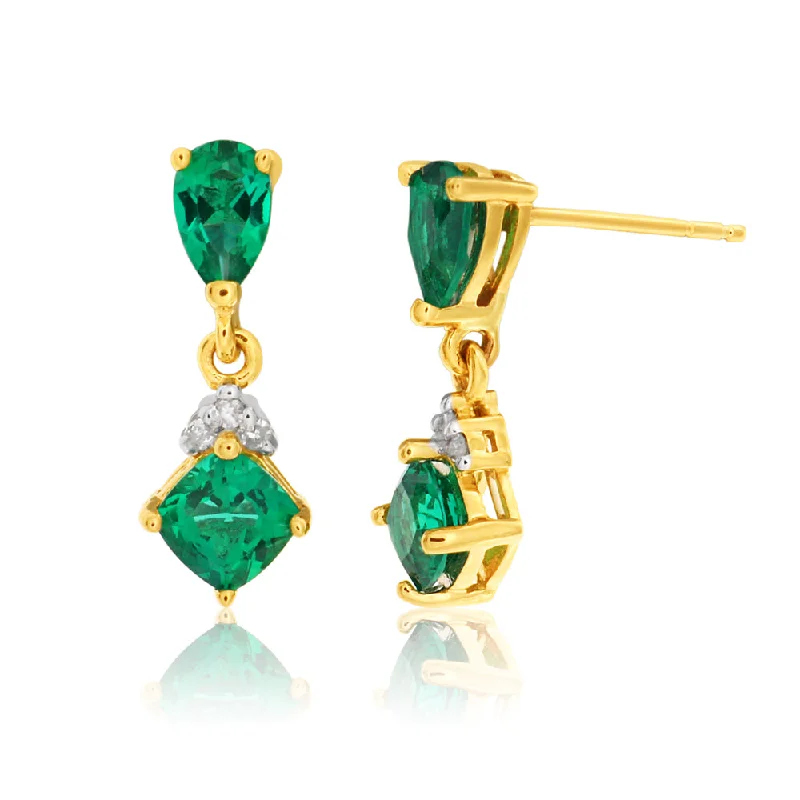 threader earrings for women -9ct Yellow Gold Created Emerald and Diamond Drop Earrings