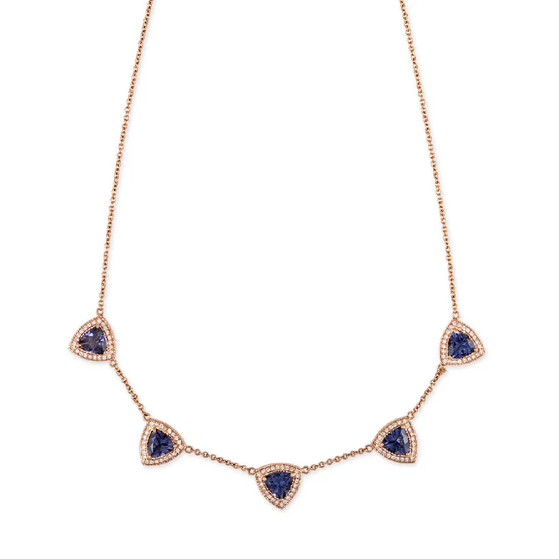 beach necklaces for women -PAVE DIAMOND 5 SPACED OUT TRILLION IOLITE NECKLACE