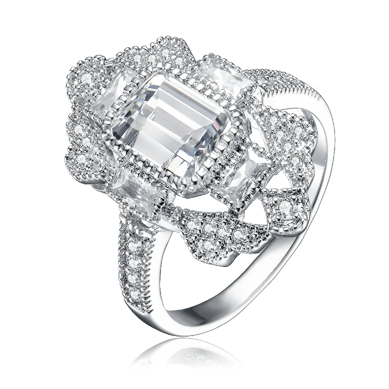 cubic zirconia rings for women -Sterling Silver with Rhodium Plated Cubic Zirconia Cocktails Ring