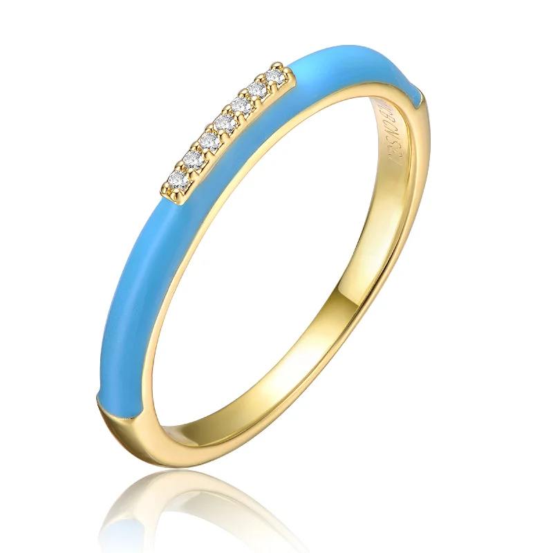 thumb rings for women -Young Adults/Teens Sterling Silver 14k Yellow Gold Plated with Cubic Zirconia Blue Enamel Slim Stacking Band Ring