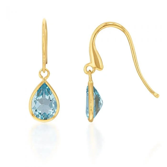 bar earrings for women -9ct Alluring Yellow Gold Blue Topaz Drop Earrings