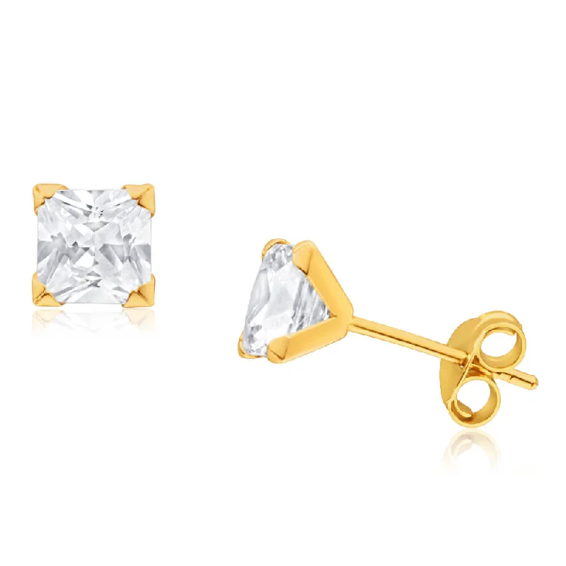 crystal earrings for women -9ct Yellow Gold Cubic Zirconia 5mm Princess Cut Stud Earrings