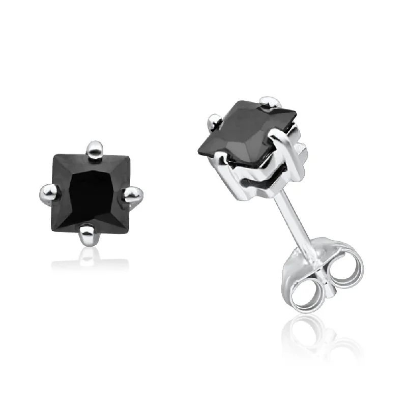 sun earrings for women -Sterling Silver Black Cubic Zirconia 5mm Princess Stud Earrings