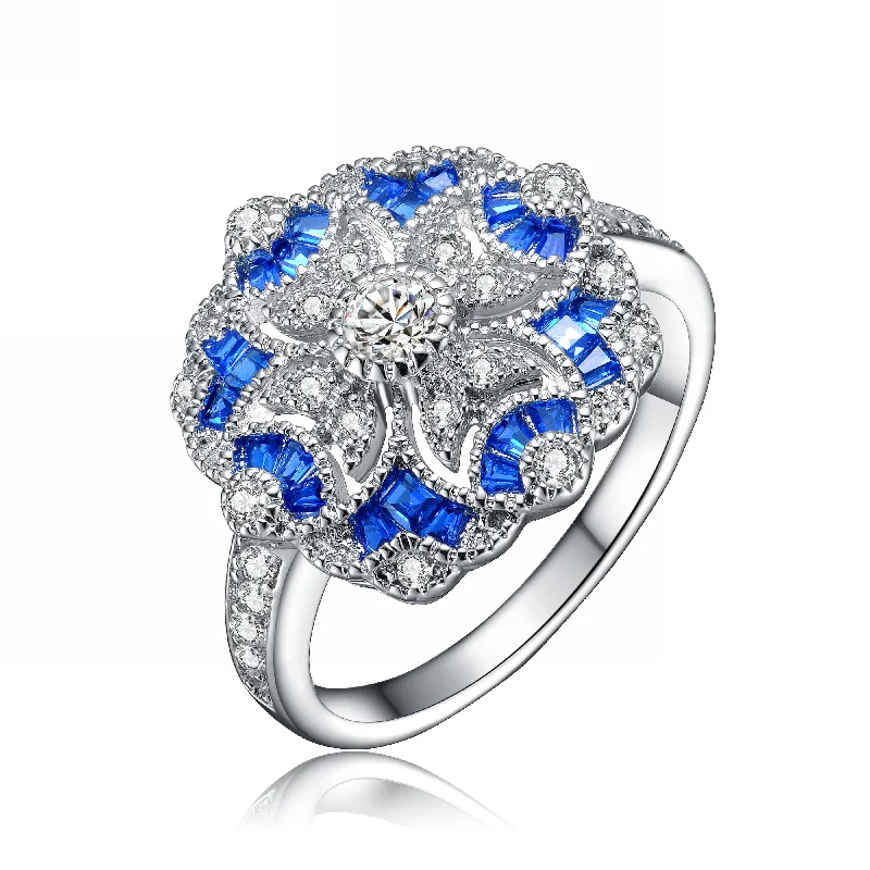 handmade rings for women -Sterling Silver Sapphire Cubic Zirconia Floral Cocktail Ring