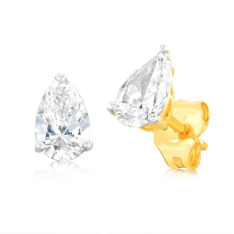 gemstone earrings for women -Luminesce Lab Grown Pear Shaped 1 Carat Diamond Stud Earrings in 14ct Yellow Gold